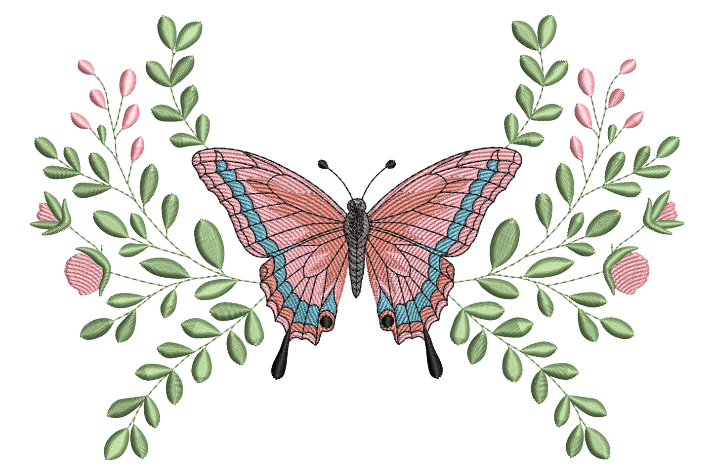 Machine embroidery design of a pink and blue swallowtail butterfly between two leafy branches with rosebuds, nine colours