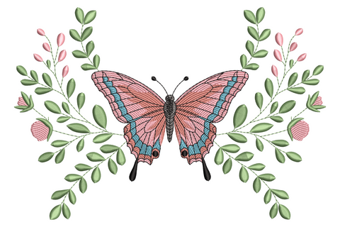 Machine embroidery design of a pink and blue swallowtail butterfly between two leafy branches with rosebuds, nine colours