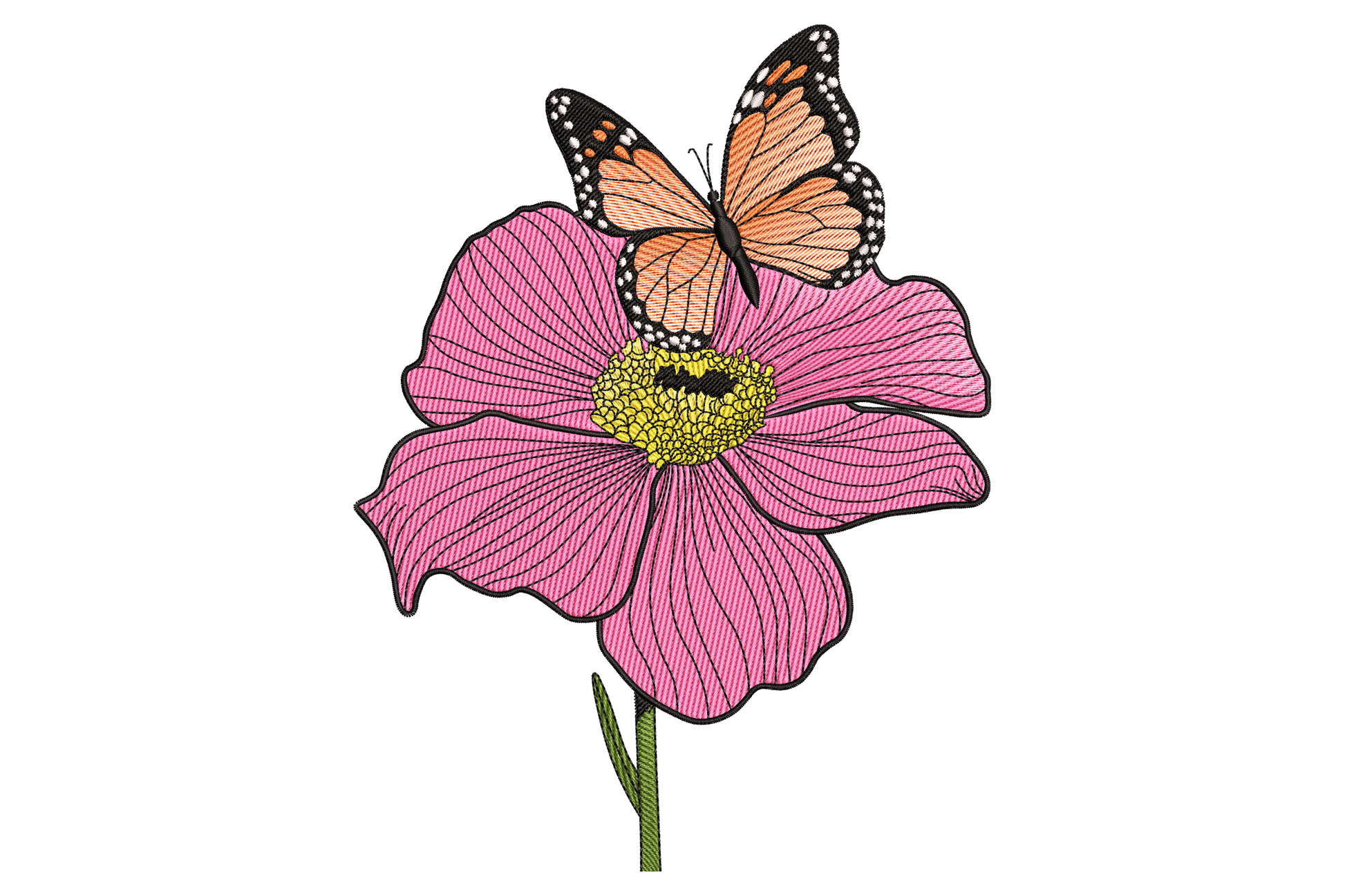 Monarch butterfly on pink cosmos flower machine embroidery design with orange wings, black veining and yellow flower centre, 9 sizes.