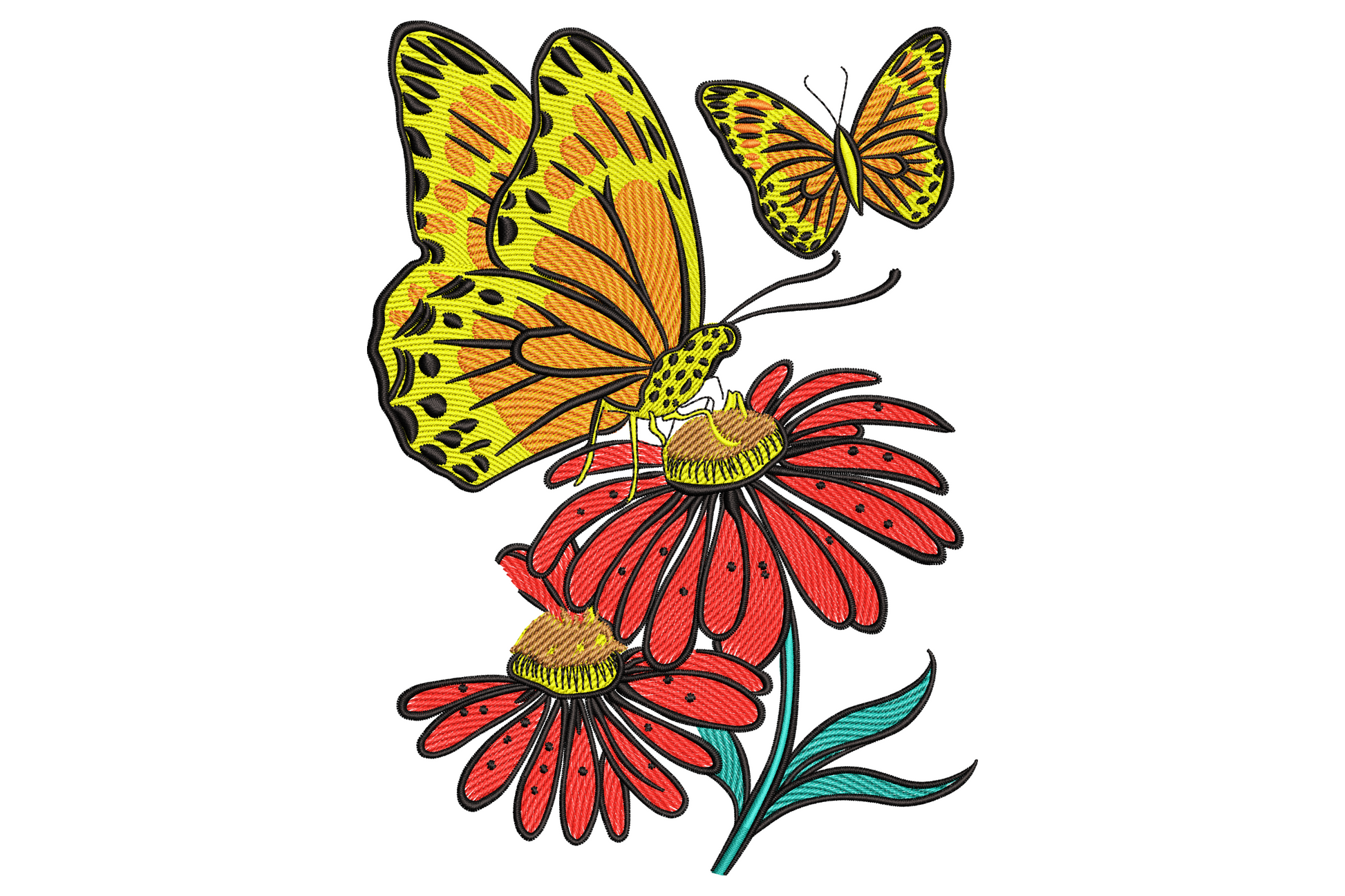 Butterfly and wildflower embroidery, golden butterfly on red coneflowers with teal stem, amber wings with black veining.