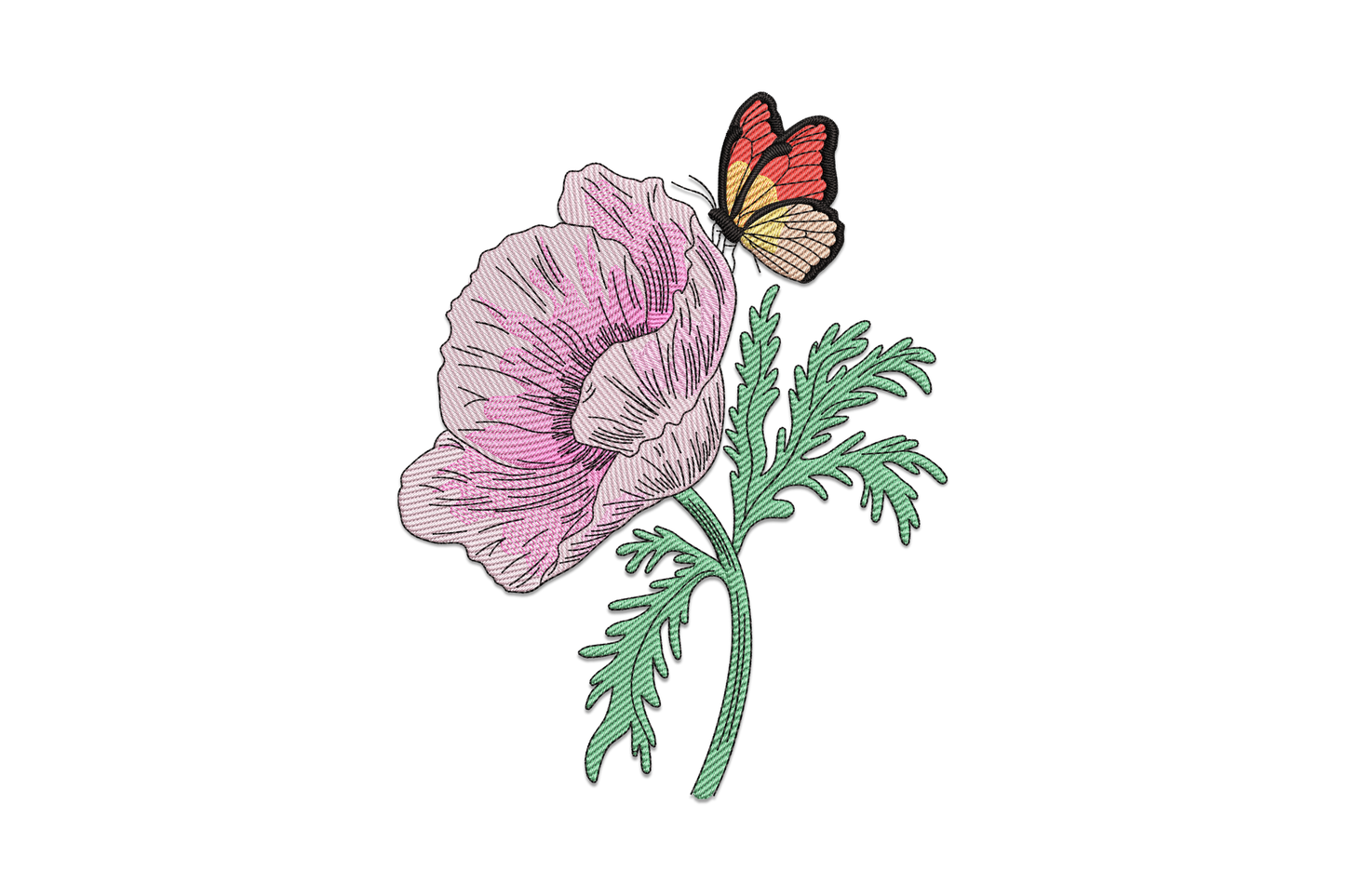 Butterfly on blooming poppy flower embroidery design, open-wing butterfly resting on red poppy with detailed wing veining, spring botanical style
