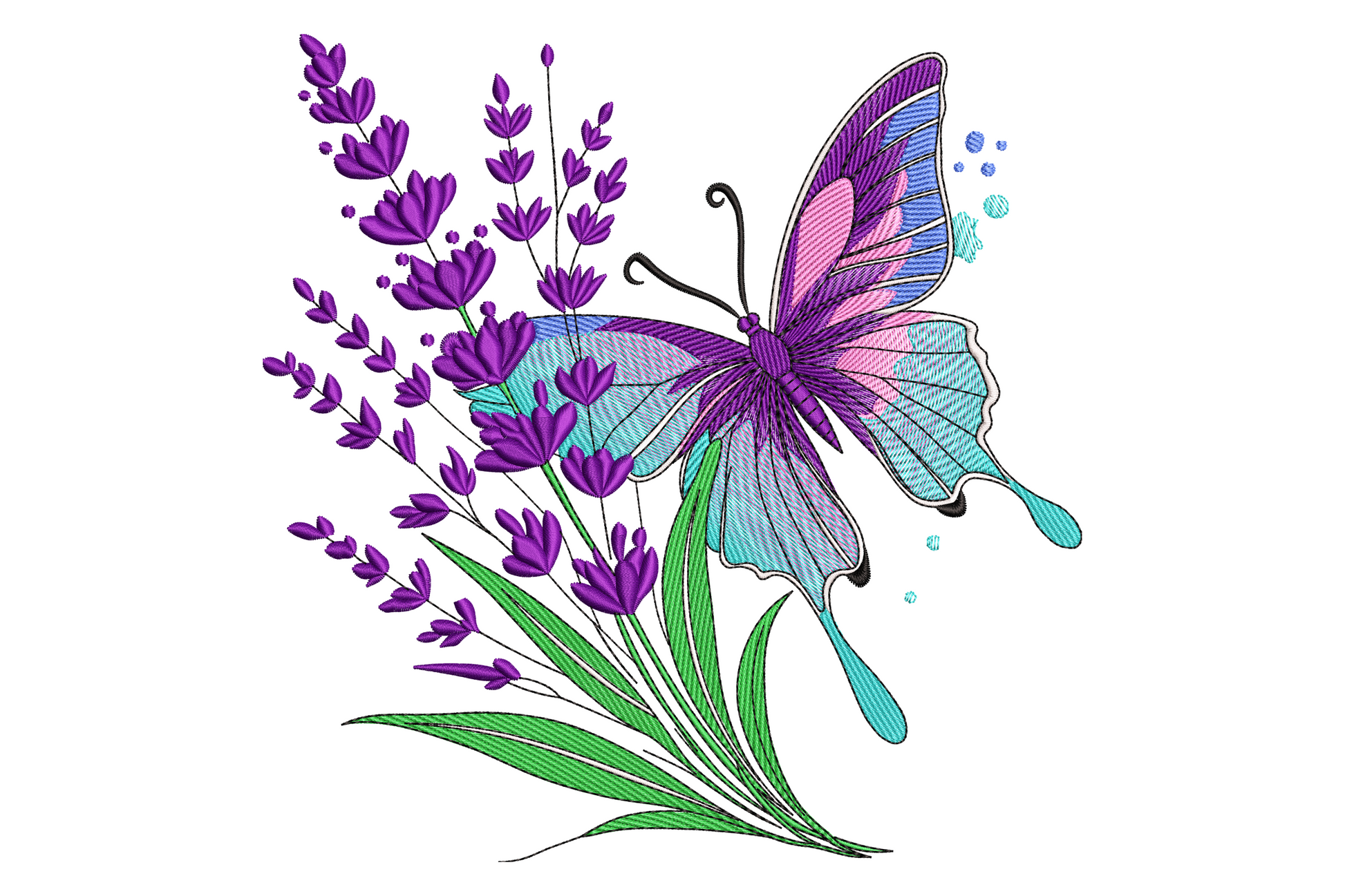 Butterfly embroidery design with lilac and cream wings resting on tall lavender flower stems with sage green leaves on white background.