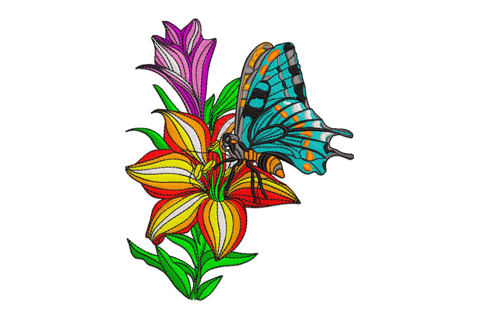 Swallowtail butterfly on tiger lily embroidery, teal black wings with orange spots, red yellow petals, dark green leaves.