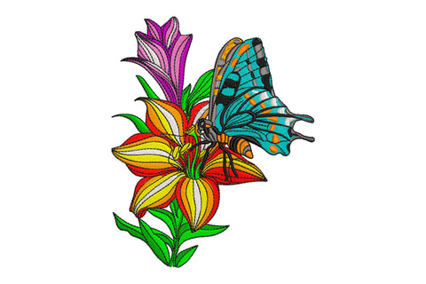 Swallowtail butterfly on tiger lily embroidery, teal black wings with orange spots, red yellow petals, dark green leaves.
