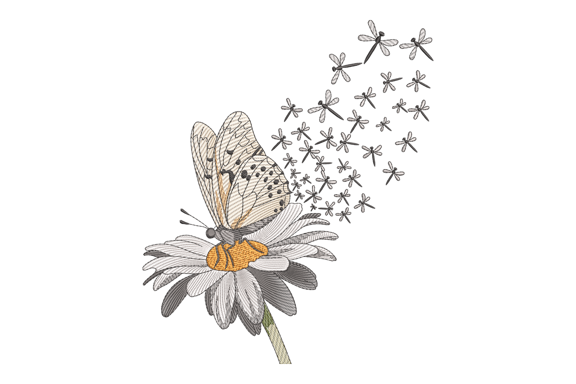 Butterfly embroidery design with a detailed cream and tan butterfly perched on a white daisy with a golden centre, and a scattering of tiny dragonfly silhouettes drifting off to the upper right.