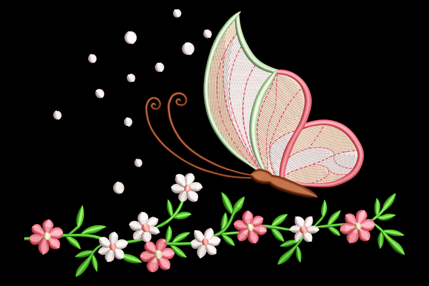 Butterfly with floral border embroidery design in soft pink, mustard, sage green and burgundy with leaves wrapping the wings.
