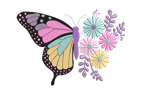Butterfly with floral bouquet embroidery design with lavender periwinkle wings, coral pink flowers and sage green leaves tied below