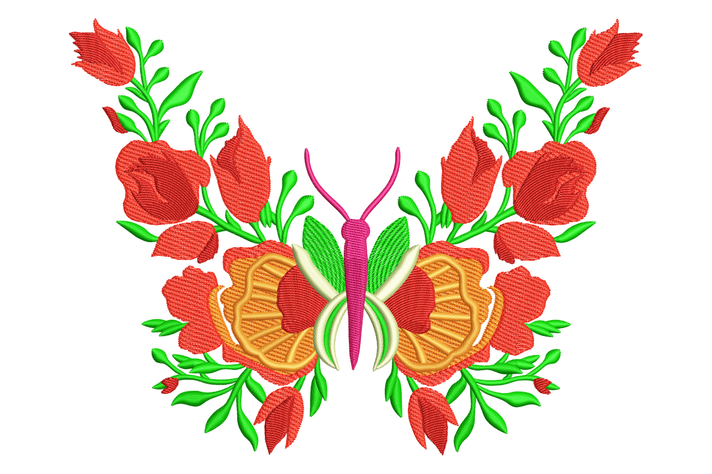 Butterfly floral embroidery design, wings formed from orange and red blooms with red tulip buds and green foliage.