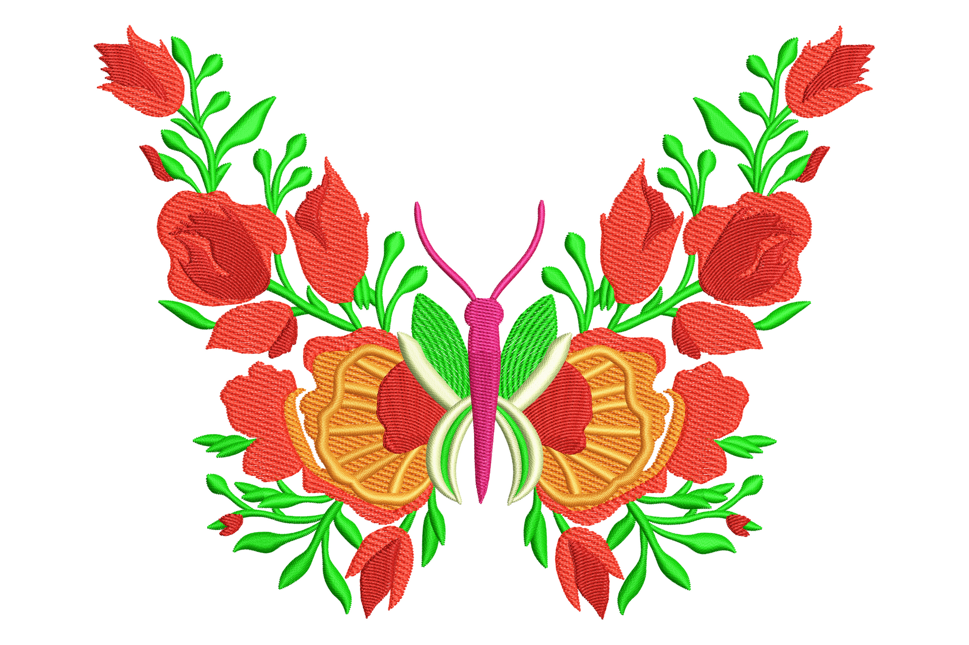 Butterfly floral embroidery design, wings formed from orange and red blooms with red tulip buds and green foliage.