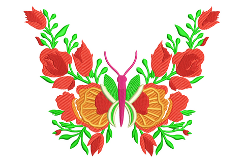 Butterfly floral embroidery design, wings formed from orange and red blooms with red tulip buds and green foliage.