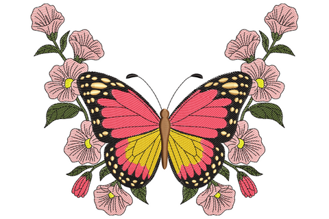 Butterfly embroidery with coral pink and golden yellow wings, surrounded by blush pink hibiscus flowers and dark olive foliage on a symmetrical botanical composition.