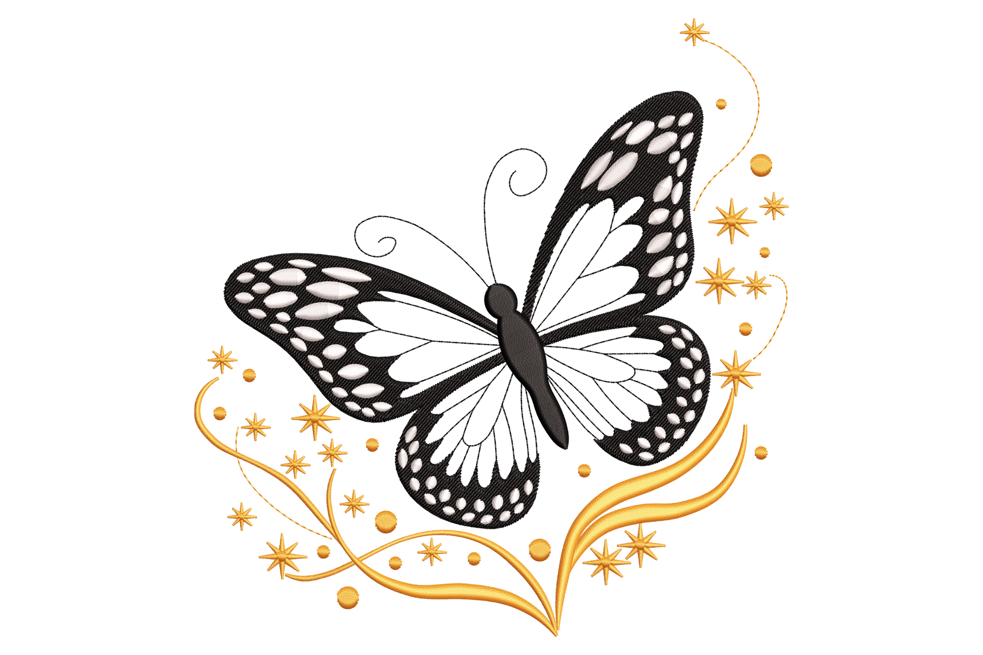 Monarch butterfly embroidery in black and white with orange golden star swirls and vine curls on white fabric