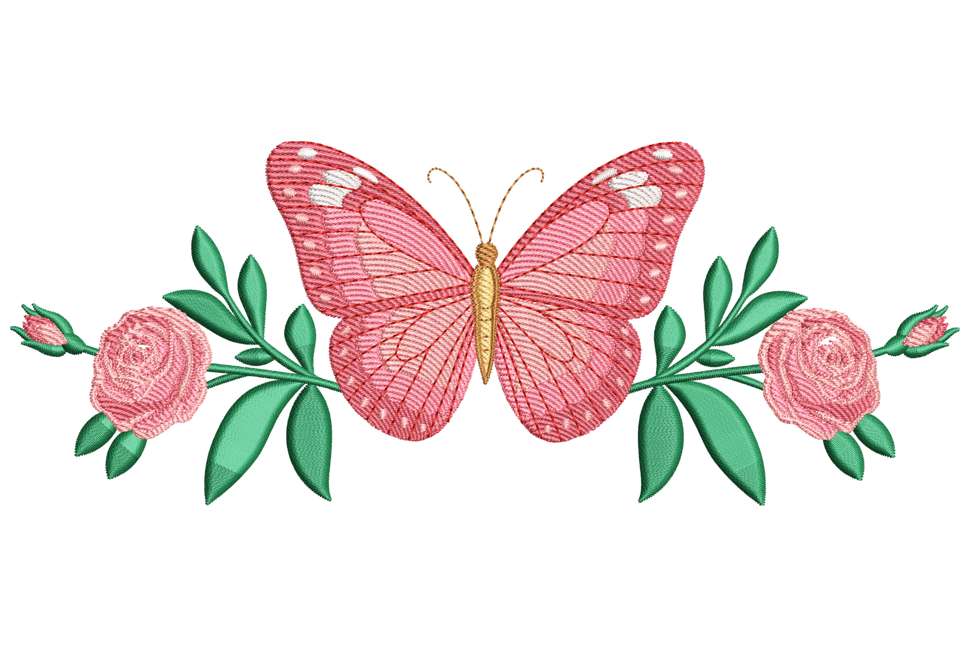 Butterfly with roses embroidery, pink butterfly on a rose branch with green leaves and coral blooms, 8 colours.