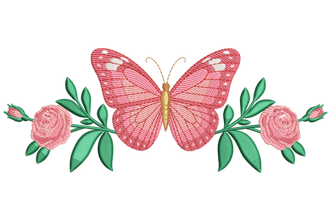 Butterfly with roses embroidery, pink butterfly on a rose branch with green leaves and coral blooms, 8 colours.