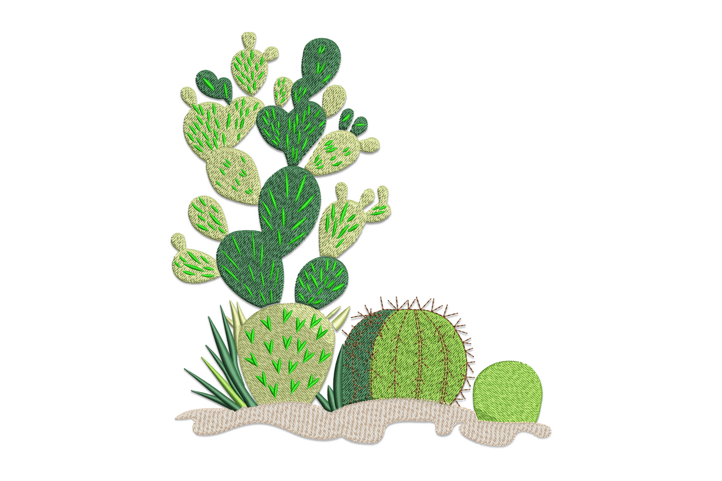 Cactus garden embroidery with prickly pear, barrel cactus and agave on a sandy base in six shades of green.