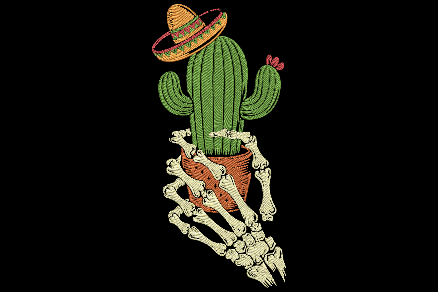 Green cactus in terracotta pot wearing orange sombrero gripped by bony skeleton hand, embroidery design