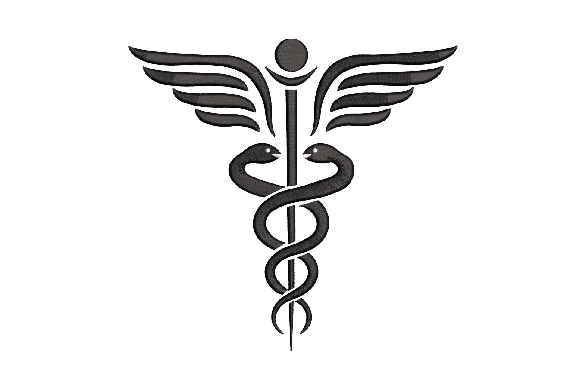 Caduceus medical symbol embroidery design, winged staff with twin mirrored serpents in black and white, 6 sizes up to 6.65 inches wide