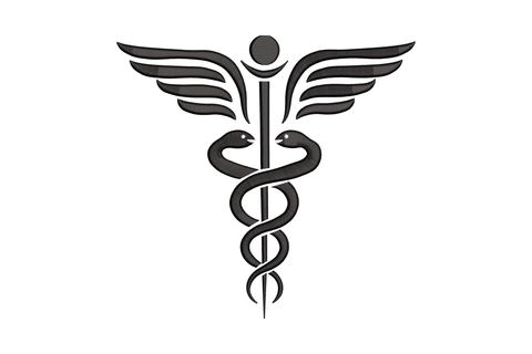 Caduceus medical symbol embroidery design, winged staff with twin mirrored serpents in black and white, 6 sizes up to 6.65 inches wide