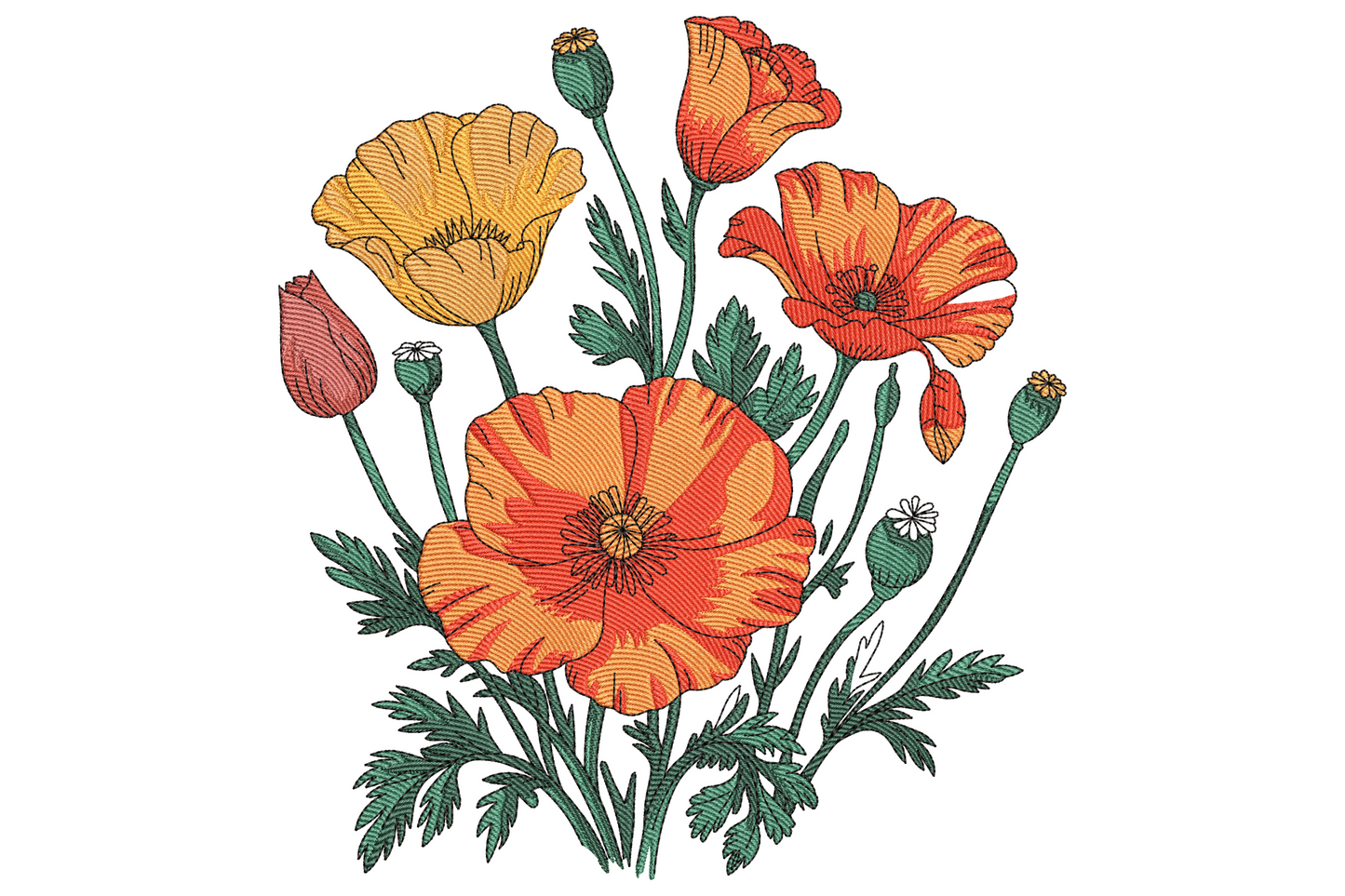 California poppy flower bouquet embroidery with coral, orange and yellow blooms, sage seed pods, and deep green foliage.