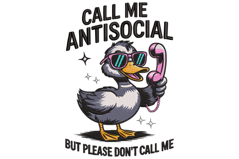 Slate grey duck in pink sunglasses with retro phone, antisocial quote text, sparkle accents, machine embroidery design.