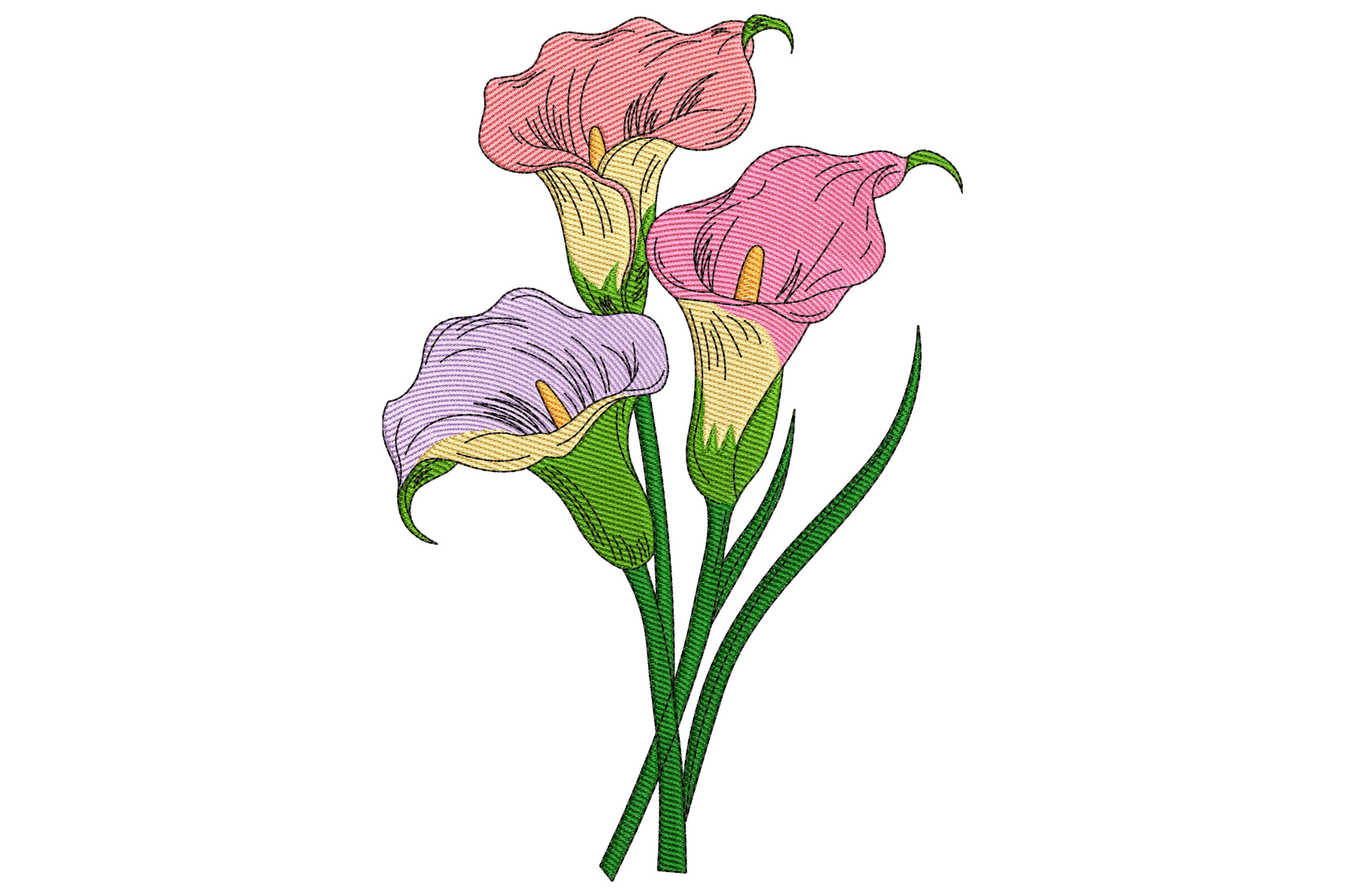 Calla lily trio embroidery in pink coral and lavender with green stems and sketch outlines