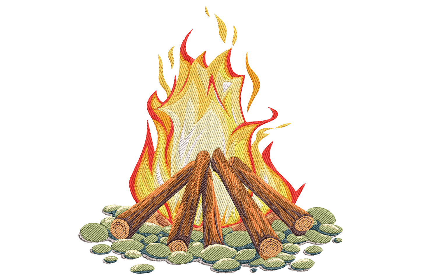 Embroidery design of a campfire with stacked logs in teepee shape, tall yellow and red flames, ring of grey stones