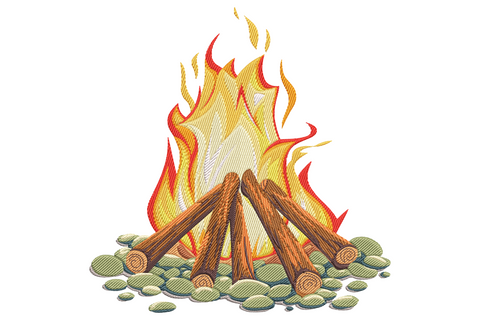 Embroidery design of a campfire with stacked logs in teepee shape, tall yellow and red flames, ring of grey stones