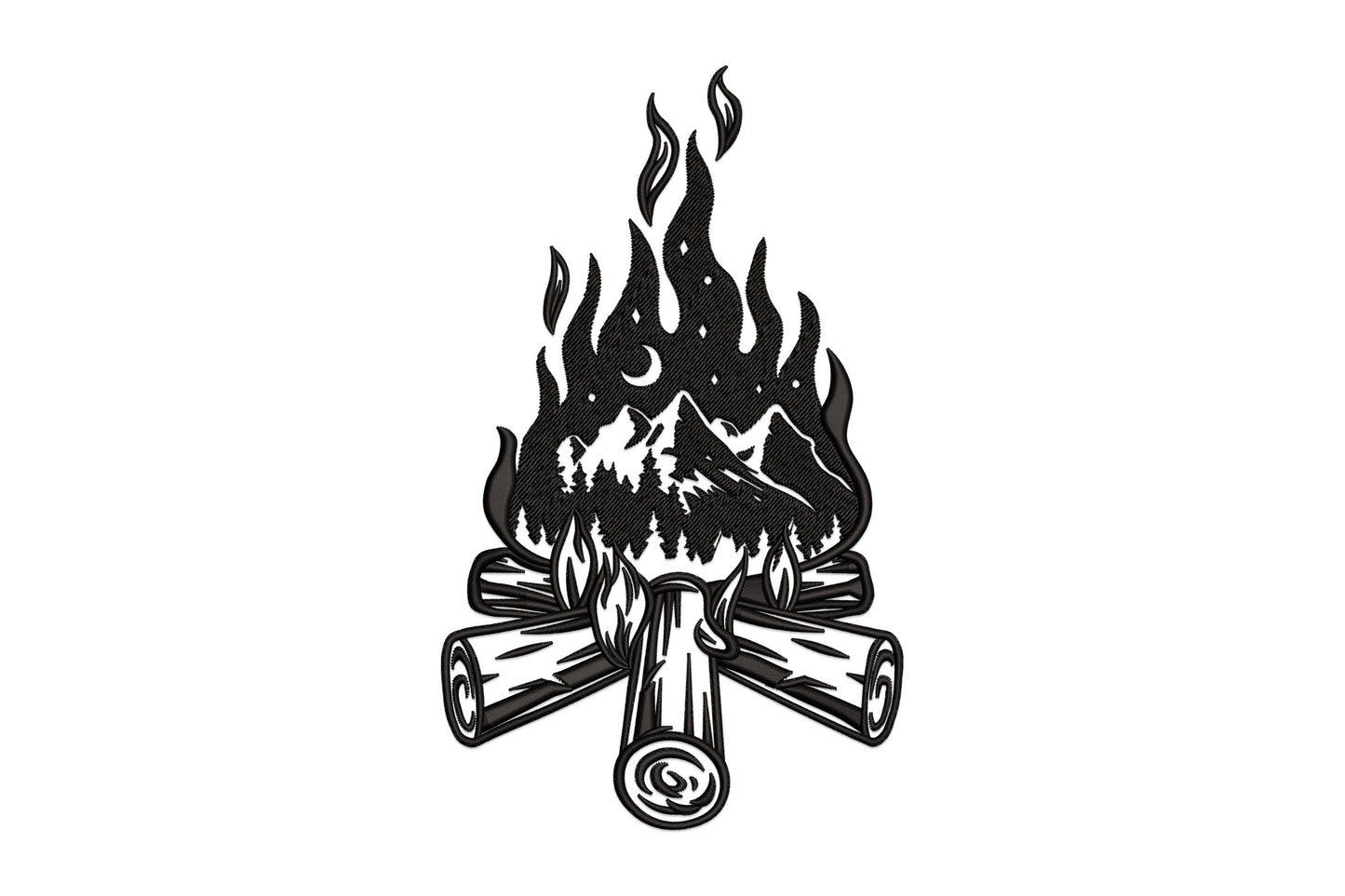Campfire mountain embroidery: crossed logs, flame with mountain peaks, pine trees and crescent moon in tattoo woodcut style.