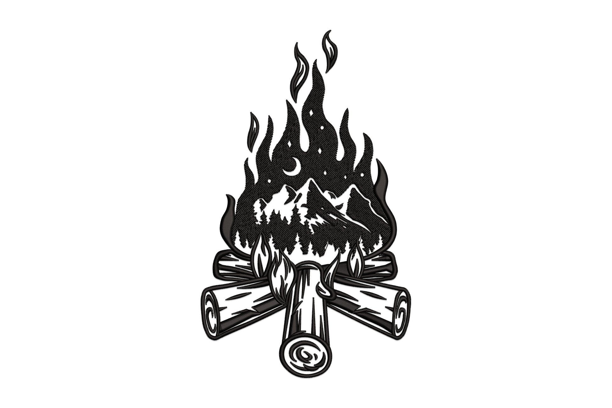 Campfire mountain embroidery: crossed logs, flame with mountain peaks, pine trees and crescent moon in tattoo woodcut style.