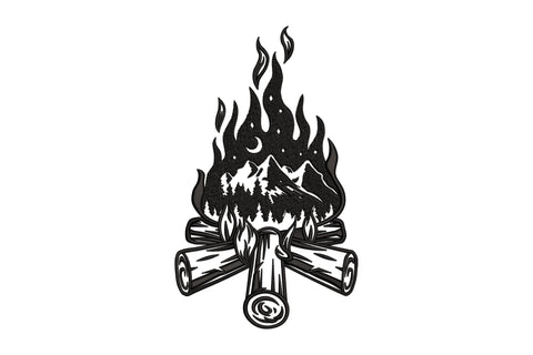 Campfire mountain embroidery: crossed logs, flame with mountain peaks, pine trees and crescent moon in tattoo woodcut style.