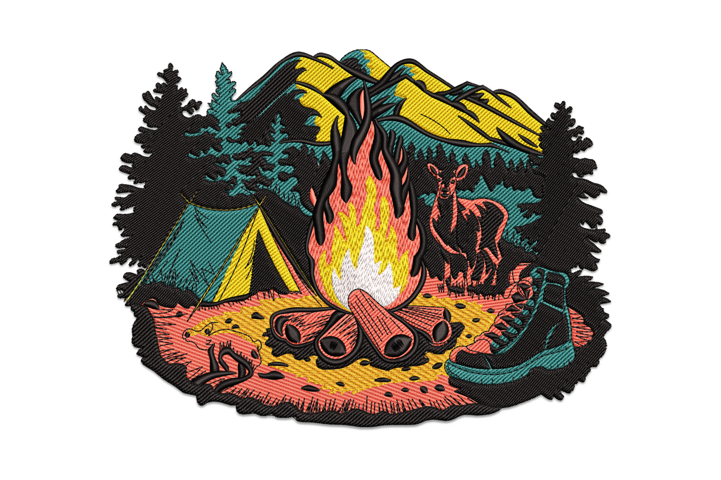 Camping campfire scene embroidery design with pine tree silhouettes, orange and yellow flame, 5 colours on dark background, woodland outdoor style