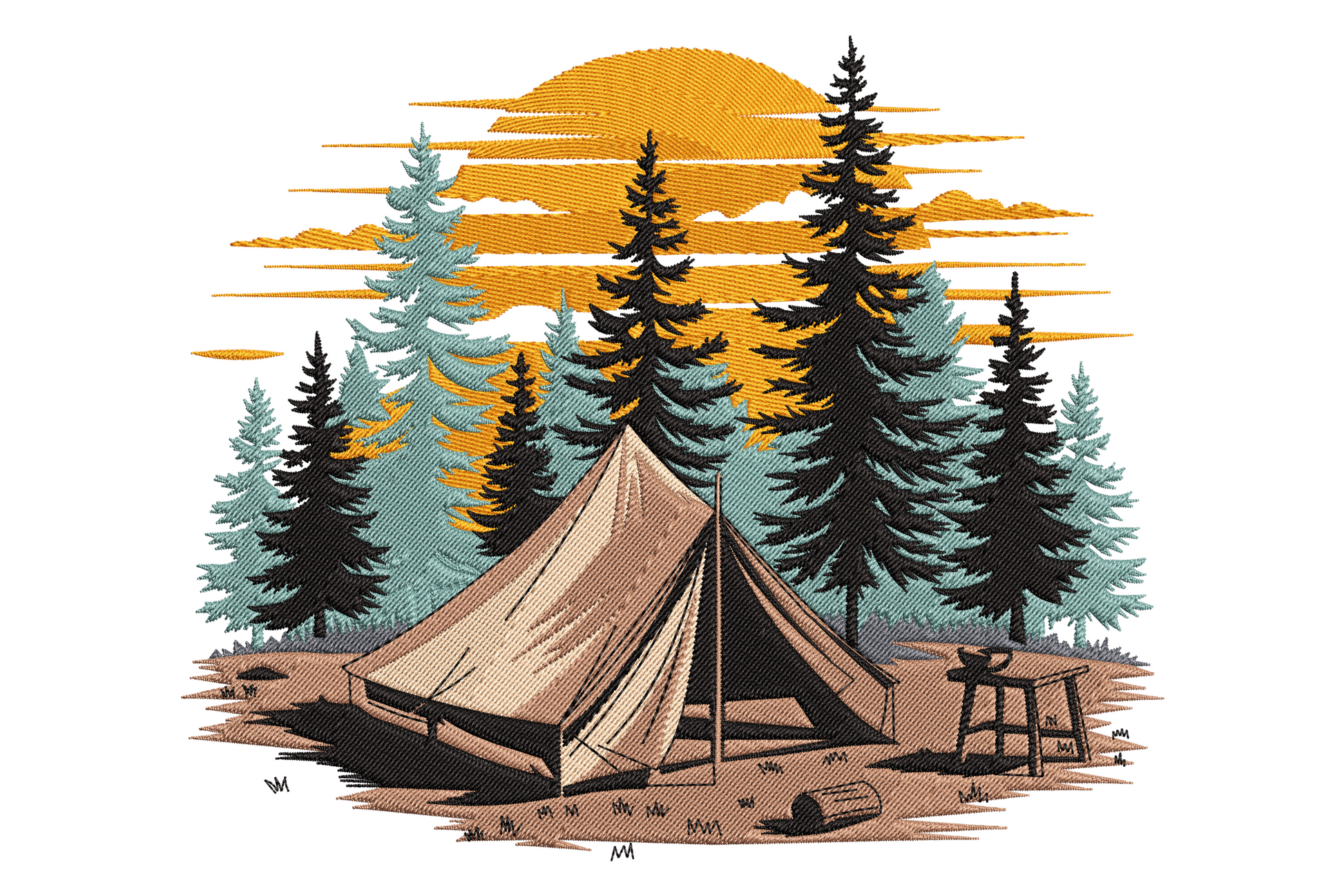 Camping forest sunset embroidery design with pine trees, canvas tent and bold orange sun disc, 6 colors, outdoor scene