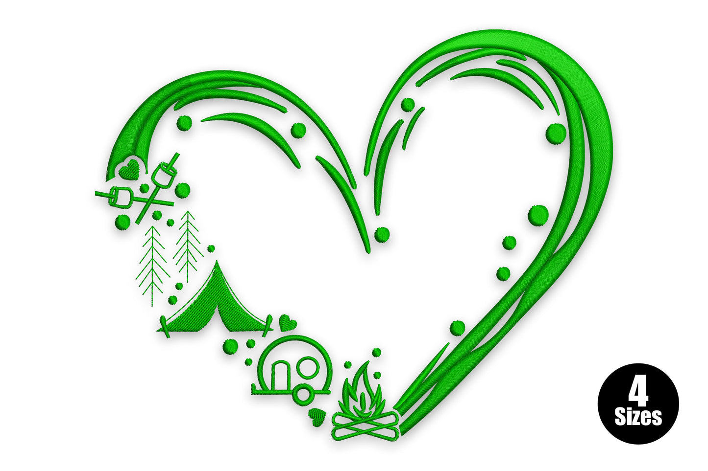 Camping heart machine embroidery design in dark green showing a heart shape filled with camping scene icons including tent, pine trees, campfire, and camper van