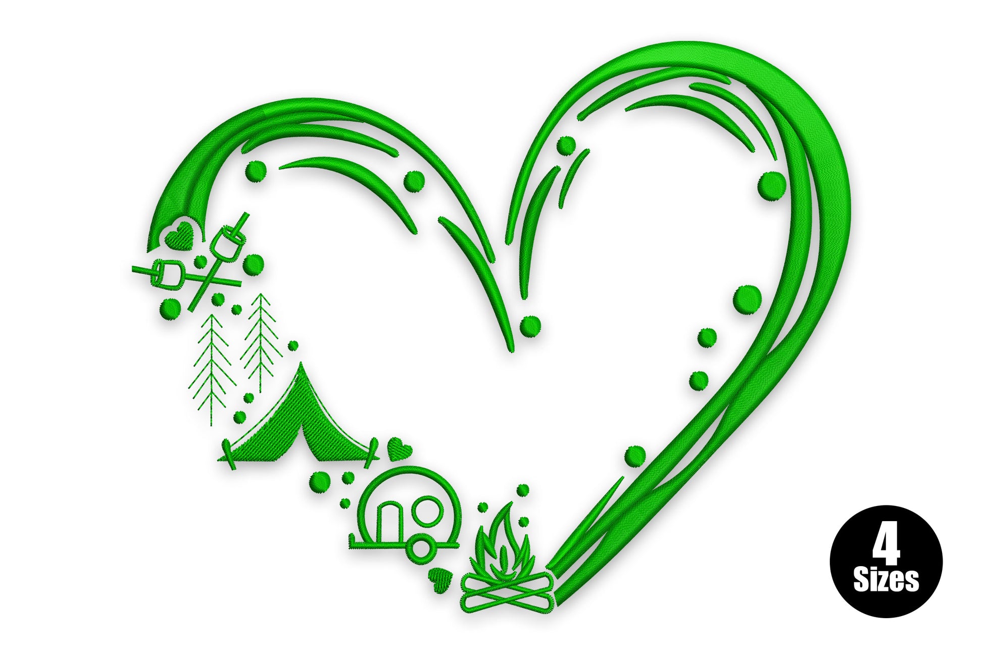 Camping heart machine embroidery design in dark green showing a heart shape filled with camping scene icons including tent, pine trees, campfire, and camper van