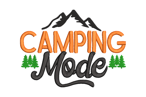 Camping Mode machine embroidery design, orange block letters with black mountain silhouette and green pine trees, 4 sizes