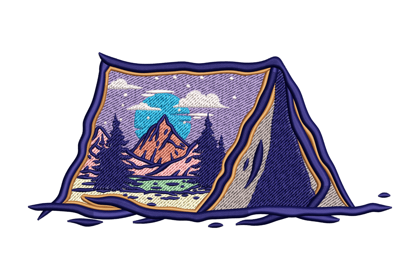 Machine embroidery design of an A-frame camping tent with a mountain and pine tree landscape stitched inside the open front, 10 colours.