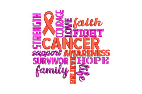 Cancer awareness word art embroidery showing cancer in red block surrounded by magenta, purple and red awareness words in a cross shape.