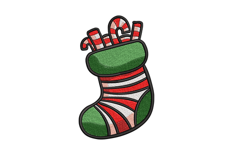 Candy cane christmas stocking embroidery design bold red white stripes green cuff with gifts and holly spilling out 5 sizes