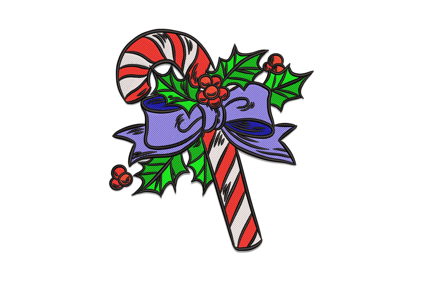 Candy cane embroidery design with red and white stripe, large lavender bow tied at centre, and green holly leaves with red berries at the top.