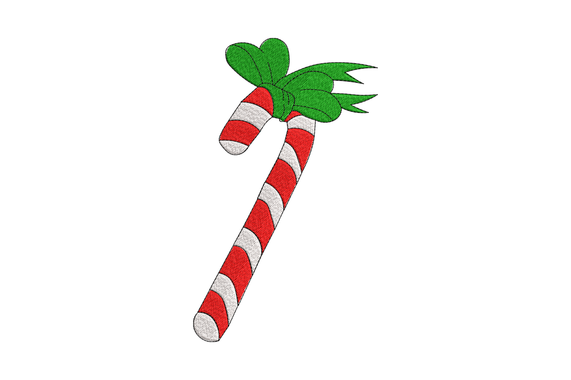 Candy cane with holly leaves embroidery design, red and white striped cane with green holly leaf cluster at the curve, on white background