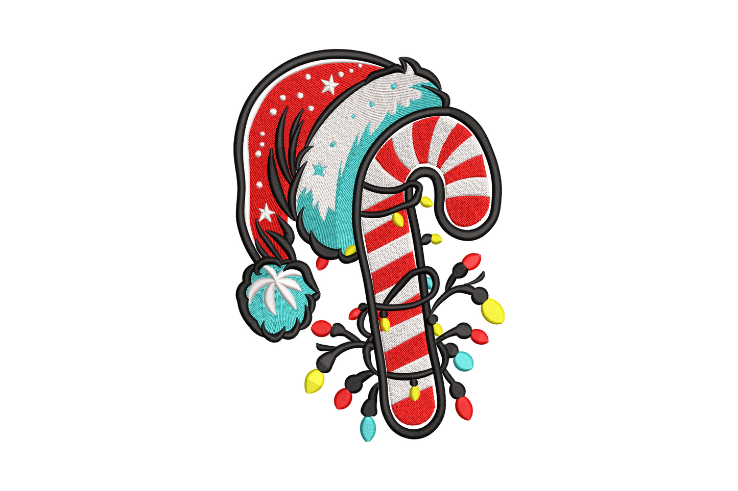 Candy cane with santa hat embroidery in bright red, white and gold, classic striped cane with santa hat at the hooked top.