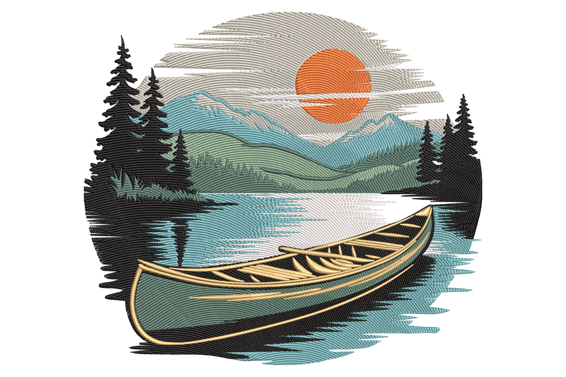 Wooden canoe on mountain lake embroidery design, yellow-sand canoe and teal water surrounded by dark green pine trees with grey mountains and orange sun behind.