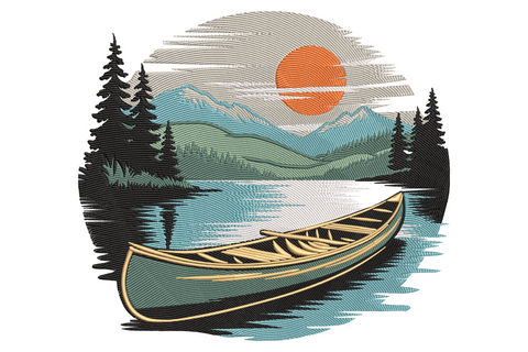 Wooden canoe on mountain lake embroidery design, yellow-sand canoe and teal water surrounded by dark green pine trees with grey mountains and orange sun behind.