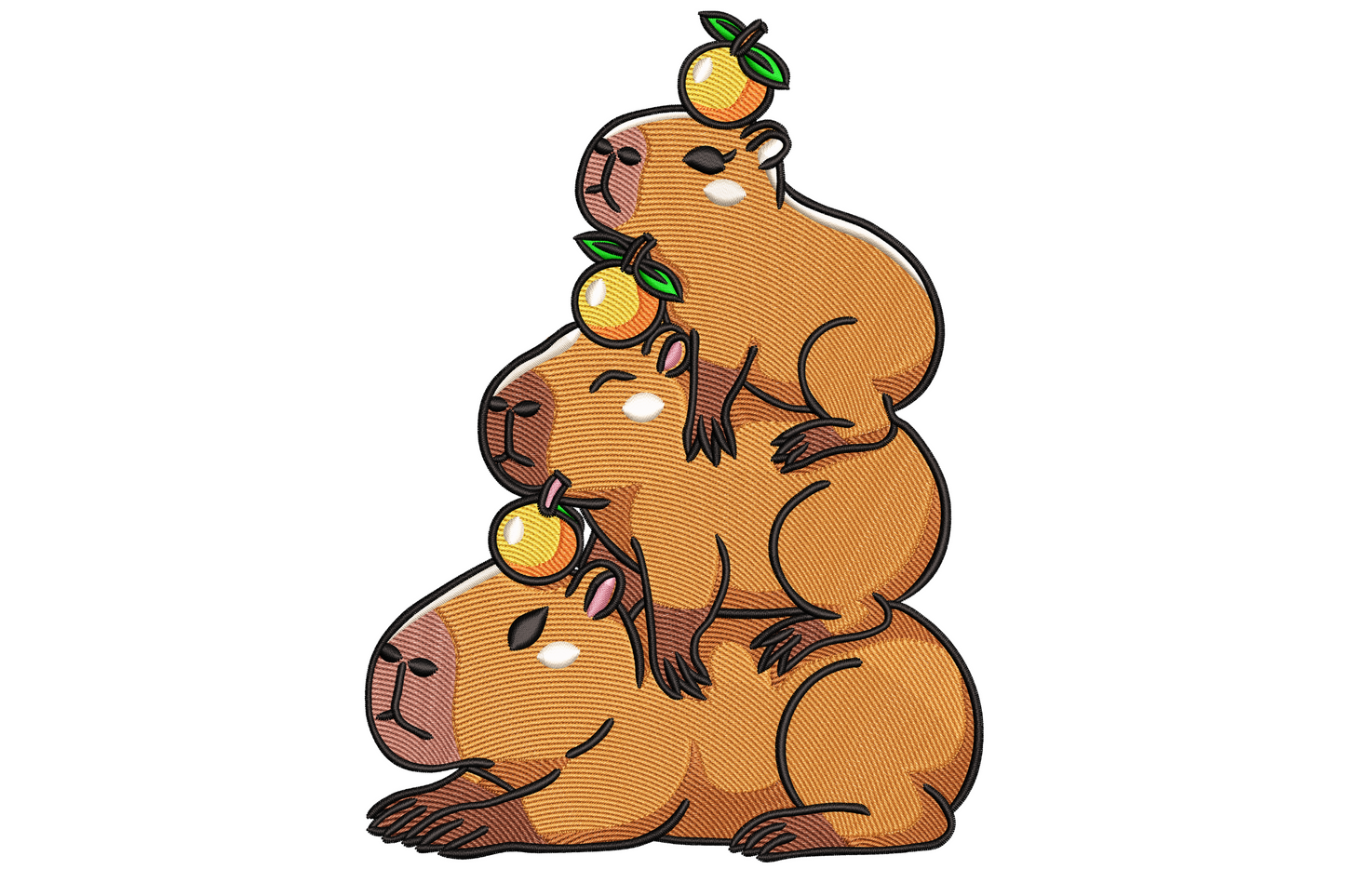Cartoon embroidery design of three stacked capybaras in a tower, each balancing a bright orange fruit on its back, thick dark outlines on warm brown fills.