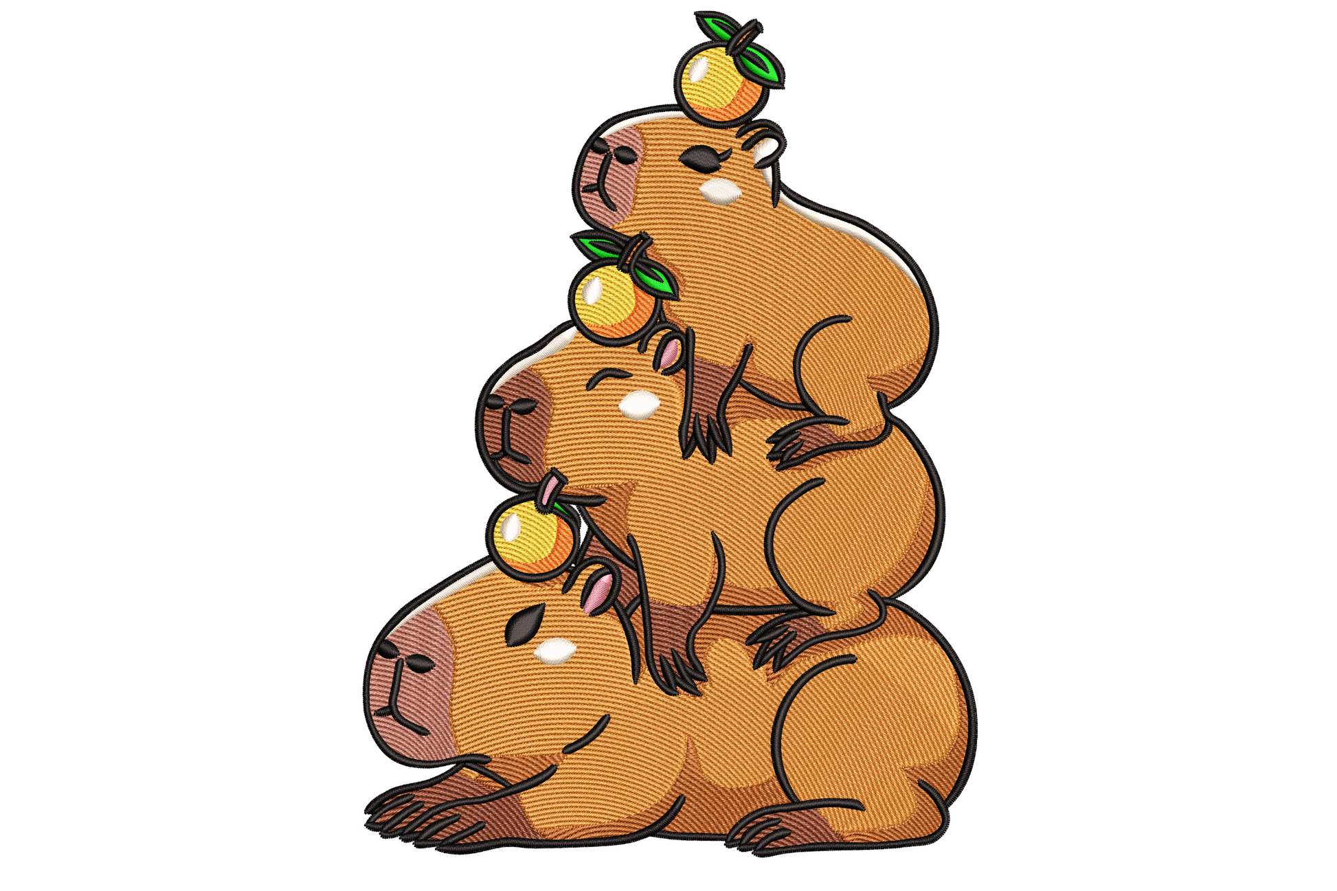 Cartoon embroidery design of three stacked capybaras in a tower, each balancing a bright orange fruit on its back, thick dark outlines on warm brown fills.