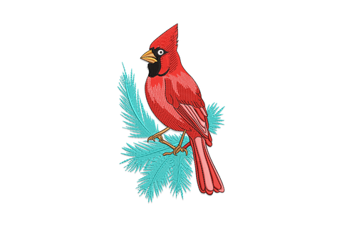 Red male cardinal on a teal pine branch, black face mask, amber beak, realistic satin feather fills.