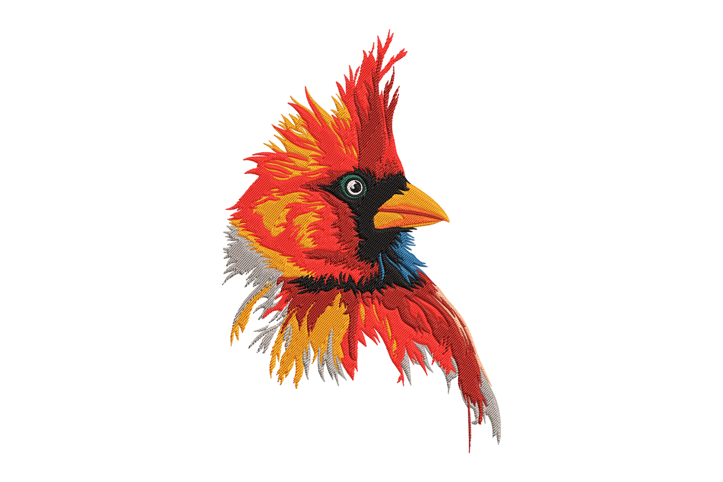 Cardinal bird embroidery design, detailed portrait of male red cardinal with raised crest, 10-colour painterly feather detail.