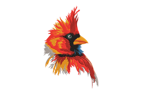 Cardinal bird embroidery design, detailed portrait of male red cardinal with raised crest, 10-colour painterly feather detail.