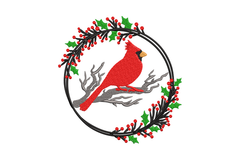 Red cardinal bird perched inside a holly and berry circular wreath embroidery, 5 thread colours in dark green, black, grey, red and orange