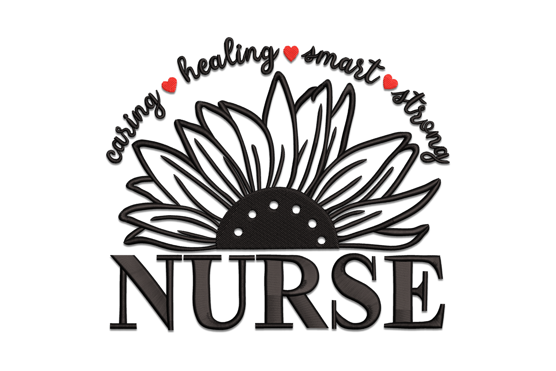 Caring healing smart strong nurse embroidery design, stacked bold and script word art in 2 colours.